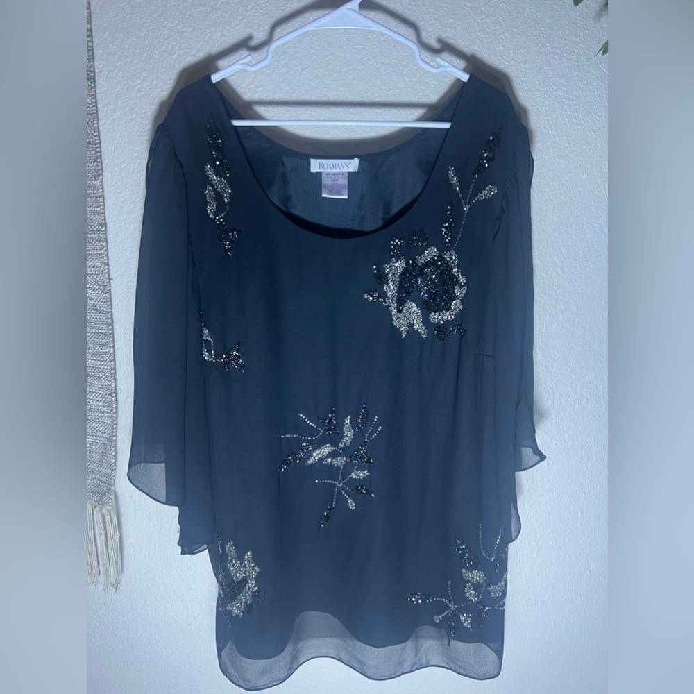 Romans Woman's Blouse Tunic black Beaded Size 22W Plus Open Sleeve - Picture 6 of 13